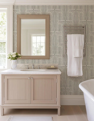 Mitchell Black Chiseled Geometric Wallpaper in shade Porcelain bathroom at Say Decor