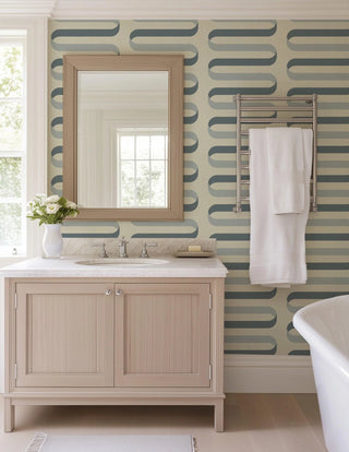 Mitchell Black Folding Ribbon Wallpaper bathroom in shade Blue Mist at Say Decor