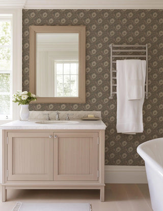 Mitchell Black Woodland Bloom Floral Wallpaper bathroom in shade Umber at Say Decor