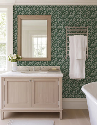 Mitchell Black Woodland Bloom Floral Wallpaper bathroom in shade Jade at Say Decor