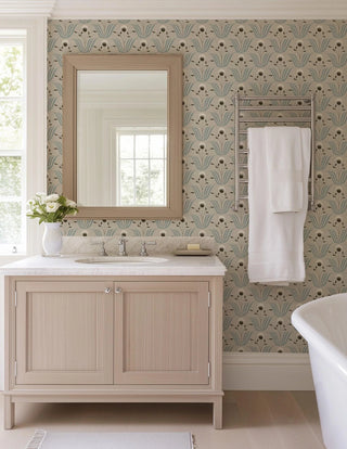 Mitchell Black Lady Charlotte Spring Bloom Floral Wallpaper bathroom in shade Blue Ivory at Say Decor