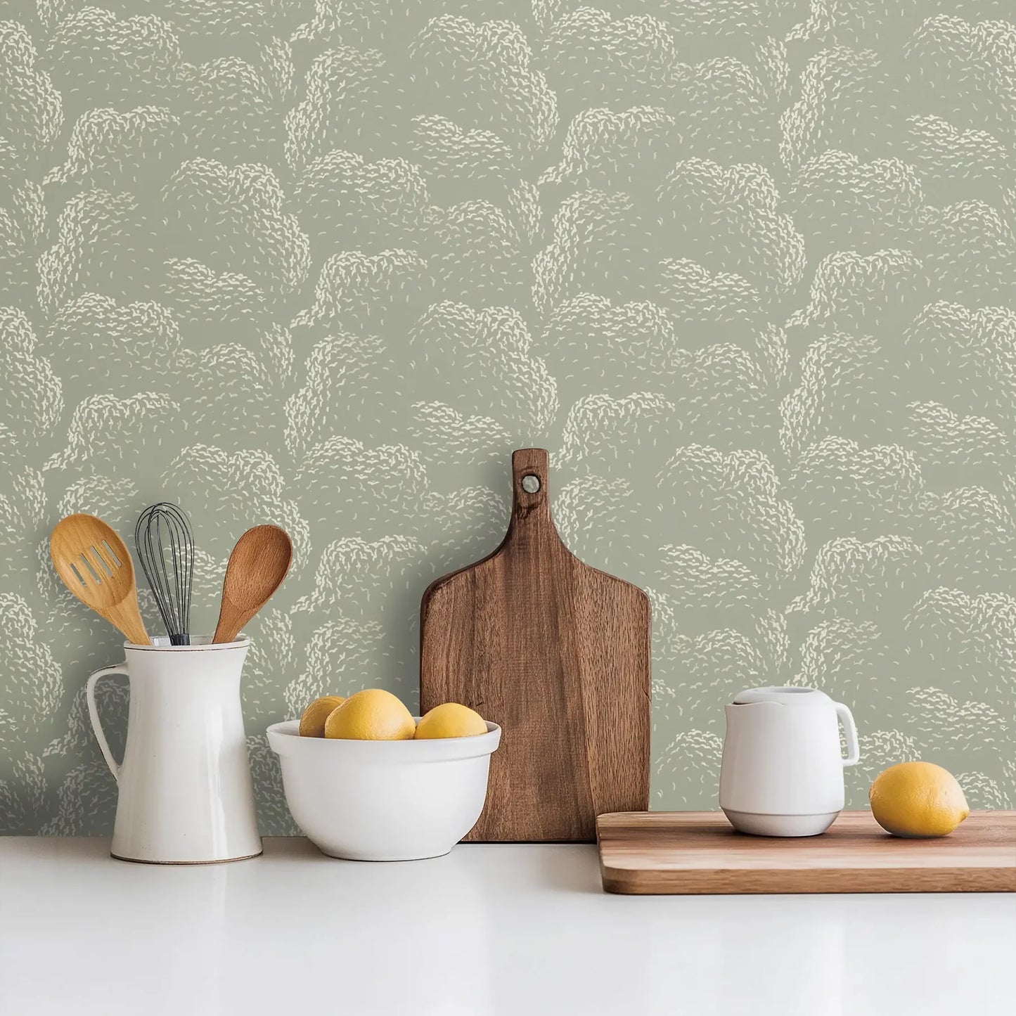Mitchell Black Revel Clouds Abstract Wallpaper decor in shade Pale Green at Say Decor