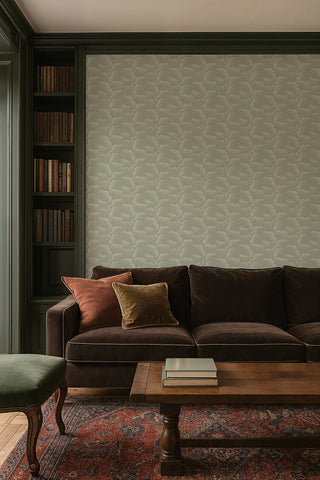 Mitchell Black Revel Clouds Abstract Wallpaper living room in shade Pale Green at Say Decor