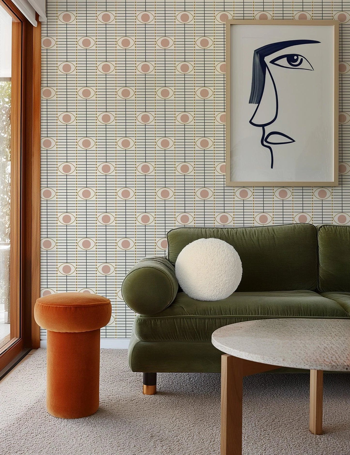 Mitchell Black Chroma Osidan Geometric Wallpaper living room in shade Blush at Say Decor