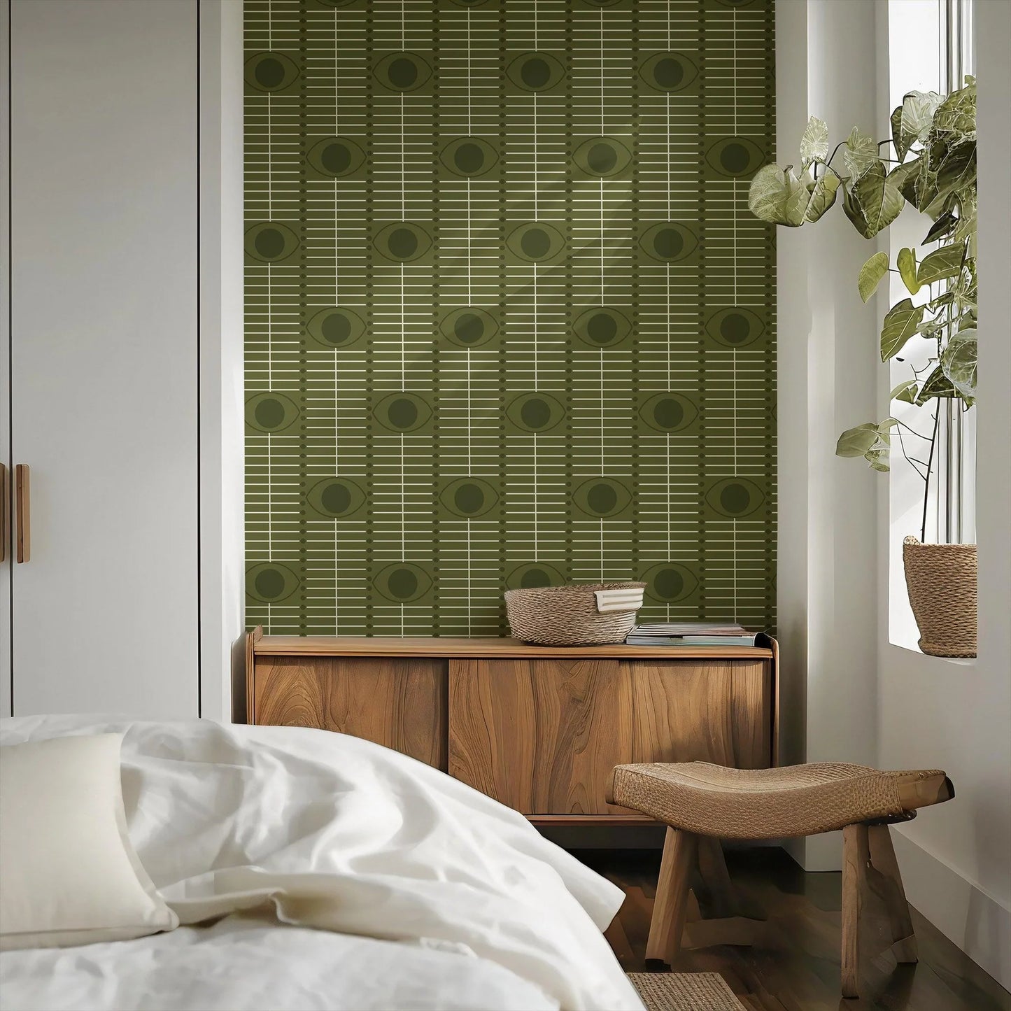 Mitchell Black Chroma Osidan Geometric Wallpaper bedroom in shade Olive at Say Decor