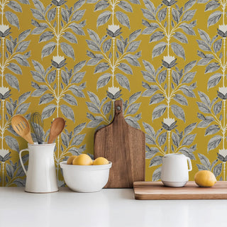 Mitchell Black Botanical Legacy Wayward Petal Wallpaper Kitchen in shade Deep Saffron at Say Decor
