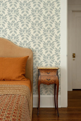 Mitchell Black Botanical Legacy Wayward Petal Wallpaper Bedroom in shade Mineral Blue at Say Decor