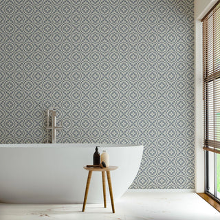 Mitchell Black Essentials Echo Tile Geometric Wallpaper bathroom in shade Oxford Blue at Say Decor