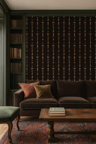 Mitchell Black Château Papers NeoClassical Stripe Wallpaper living room in shade Black Lacquer at Say Decor