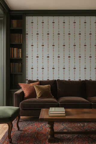 Mitchell Black Château Papers NeoClassical Stripe Wallpaper living room in shade Blue Feather at Say Decor