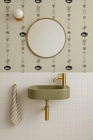 Mitchell Black Château Papers NeoClassical Stripe Wallpaper bathroom in shade Cream and Black at Say Decor