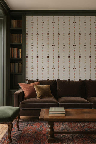Mitchell Black Château Papers NeoClassical Stripe Wallpaper living room in shade Ivory at Say Decor