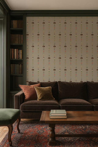Mitchell Black Château Papers NeoClassical Stripe Wallpaper living room in shade Parchment Brown at Say Decor