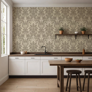 Mitchell Black Parlor Paper Vintage Damask Wallpaper kitchen in shade Champagne at Say Decor