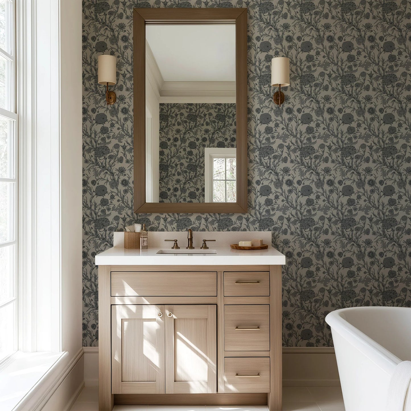 Mitchell Black Patterned Garden Blooming Thicket Botanical Wallpaper bathroom in shade Ash at Say Decor