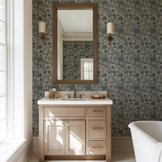 Mitchell Black Patterned Garden Blooming Thicket Botanical Wallpaper bathroom in shade Ash at Say Decor
