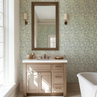 Mitchell Black Patterned Garden Blooming Thicket Botanical Wallpaper bathroom in shade Glacial Blue at Say Decor