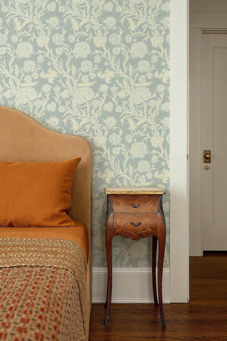 Mitchell Black Patterned Garden Blooming Thicket Botanical Wallpaper bedroom in shade Glacial Blue at Say Decor