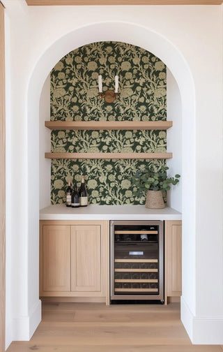 Mitchell Black Patterned Garden Blooming Thicket Botanical Wallpaper home bar in shade Goldenrod at Say Decor