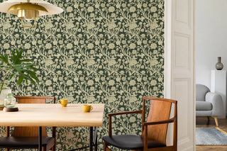 Mitchell Black Patterned Garden Blooming Thicket Botanical Wallpaper dining room in shade Goldenrod at Say Decor