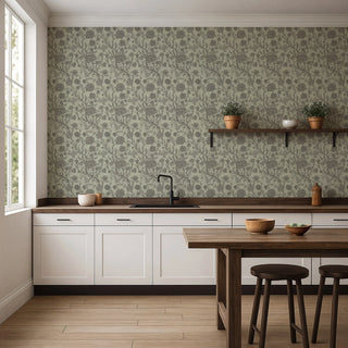 Mitchell Black Patterned Garden Blooming Thicket Botanical Wallpaper kitchen in shade Green Taupe at Say Decor