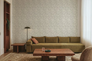 Mitchell Black Patterned Garden Blooming Thicket Botanical Wallpaper living room in shade Linen at Say Decor