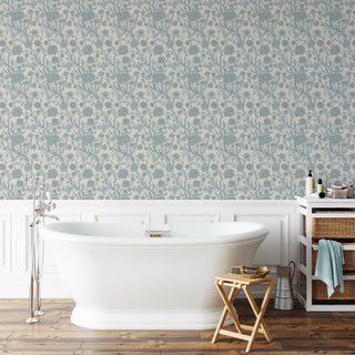Mitchell Black Patterned Garden Blooming Thicket Botanical Wallpaper bathroom in shade Linen Stone at Say Decor