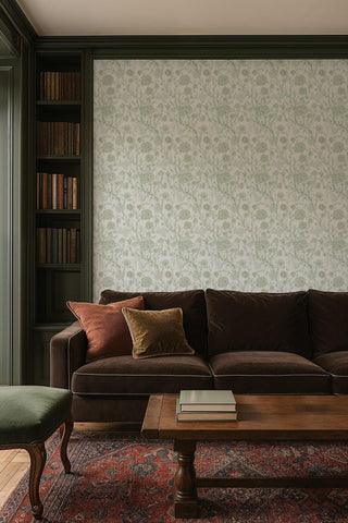 Mitchell Black Patterned Garden Blooming Thicket Botanical Wallpaper living room in shade Morning Glow at Say Decor