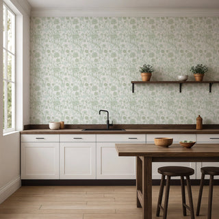 Mitchell Black Patterned Garden Blooming Thicket Botanical Wallpaper kitchen in shade Morning Glow at Say Decor