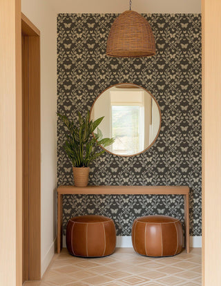 Mitchell Black Butterfly Garden Botanical Wallpaper entryway in shade Ashwood at Say Decor