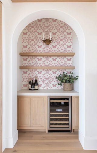 Mitchell Black Butterfly Garden Botanical Wallpaper Bar in shade Blush at Say Decor