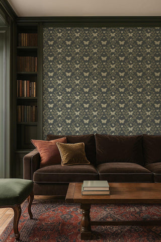 Mitchell Black Butterfly Garden Botanical Wallpaper Living Room in shade Dark Forest at Say Decor
