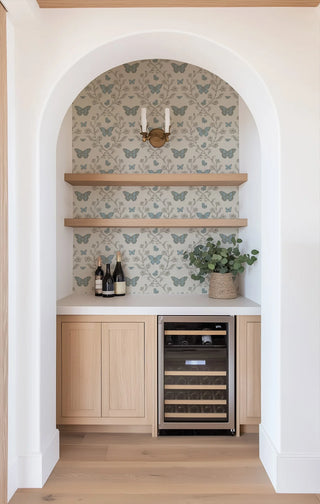 Mitchell Black Butterfly Garden Botanical Wallpaper bar in shade Linen Stone at Say Decor