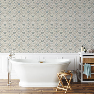 Mitchell Black Butterfly Garden Botanical Wallpaper bathroom in shade Linen Stone at Say Decor