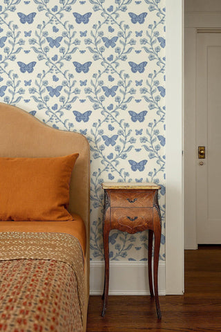 Mitchell Black Butterfly Garden Botanical Wallpaper Bedroom in shade Porcelain Blue at Say Decor