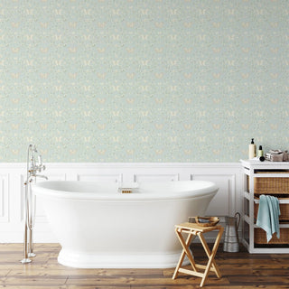 Mitchell Black Butterfly Garden Botanical Wallpaper bathroom in shade Silvered Blue at Say Decor