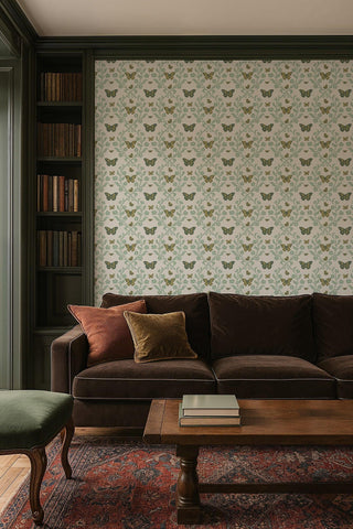 Mitchell Black Butterfly Garden Botanical Wallpaper living room in shade Summer Greens at Say Decor