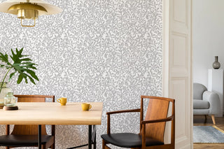 Mitchell Black Patterned Garden Leaf and Pod Wallpaper dining room in shade Graphite at Say Decor