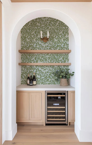 Mitchell Black Patterned Garden Leaf and Pod Wallpaper bar in shade Hazy Blue at Say Decor