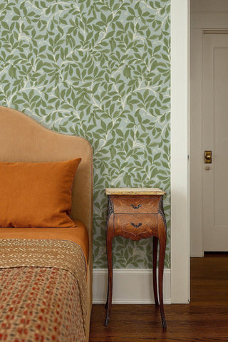 Mitchell Black Patterned Garden Leaf and Pod Wallpaper bedroom in shade Hazy Blue at Say Decor