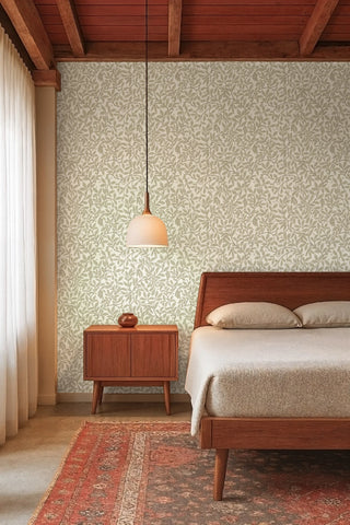 Mitchell Black Patterned Garden Leaf and Pod Wallpaper bedroom in shade Linen at Say Decor