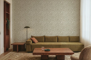 Mitchell Black Patterned Garden Leaf and Pod Wallpaper living room in shade Linen at Say Decor