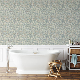 Mitchell Black Patterned Garden Leaf and Pod Wallpaper bathroom in shade Linen Stone at Say Decor