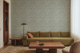 Mitchell Black Patterned Garden Leaf and Pod Wallpaper living room in shade Linen Stone at Say Decor