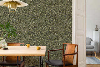 Mitchell Black Patterned Garden Leaf and Pod Wallpaper dining room in shade Midnight at Say Decor