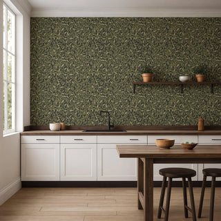 Mitchell Black Patterned Garden Leaf and Pod Wallpaper kitchen in shade Midnight at Say Decor