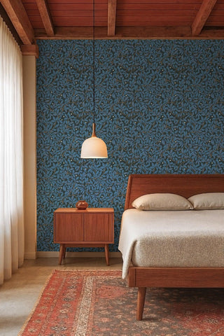 Mitchell Black Patterned Garden Leaf and Pod Wallpaper bedroom in shade Nocturne at Say Decor