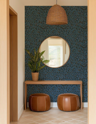 Mitchell Black Patterned Garden Leaf and Pod Wallpaper entryway in shade Nocturne at Say Decor