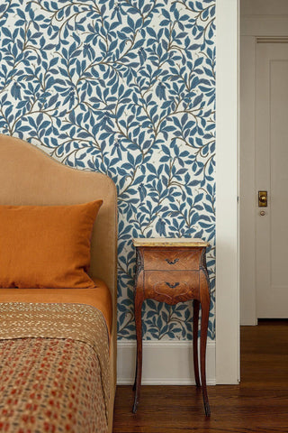 Mitchell Black Patterned Garden Leaf and Pod Wallpaper bedroom in shade Navy White at Say Decor