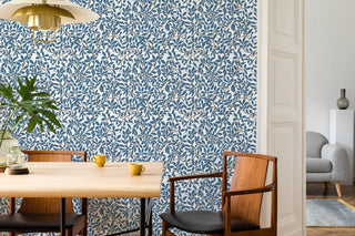 Mitchell Black Patterned Garden Leaf and Pod Wallpaper dining room in shade Navy White at Say Decor